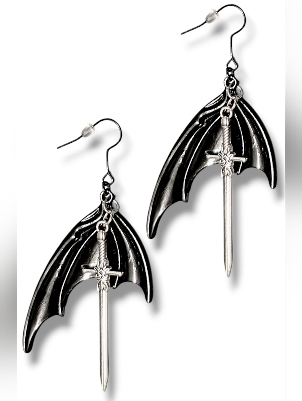NWT Handmade Goth Black Batwing and Silver Sword Dangly Earrings